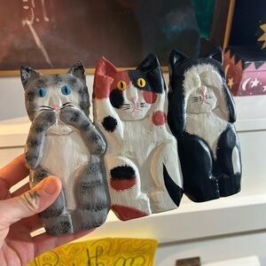 Vtg 90s Handcrafted Cat Figurine Indonesia Speak Hear See No Evil